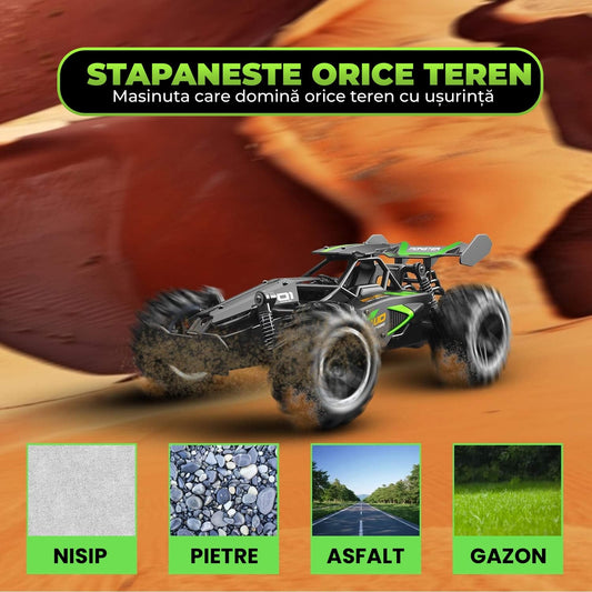 Masina cu telecomanda Monster RC Truck, Timebox, 2,4Ghz, 25km/h, Offroad, 1 baterie tip acumulator inclusa, 1:18, Tractiune 2WD, Suspensie puternica, jucarie pentru copii 6-14 ani si adulti, Negru/Verde
