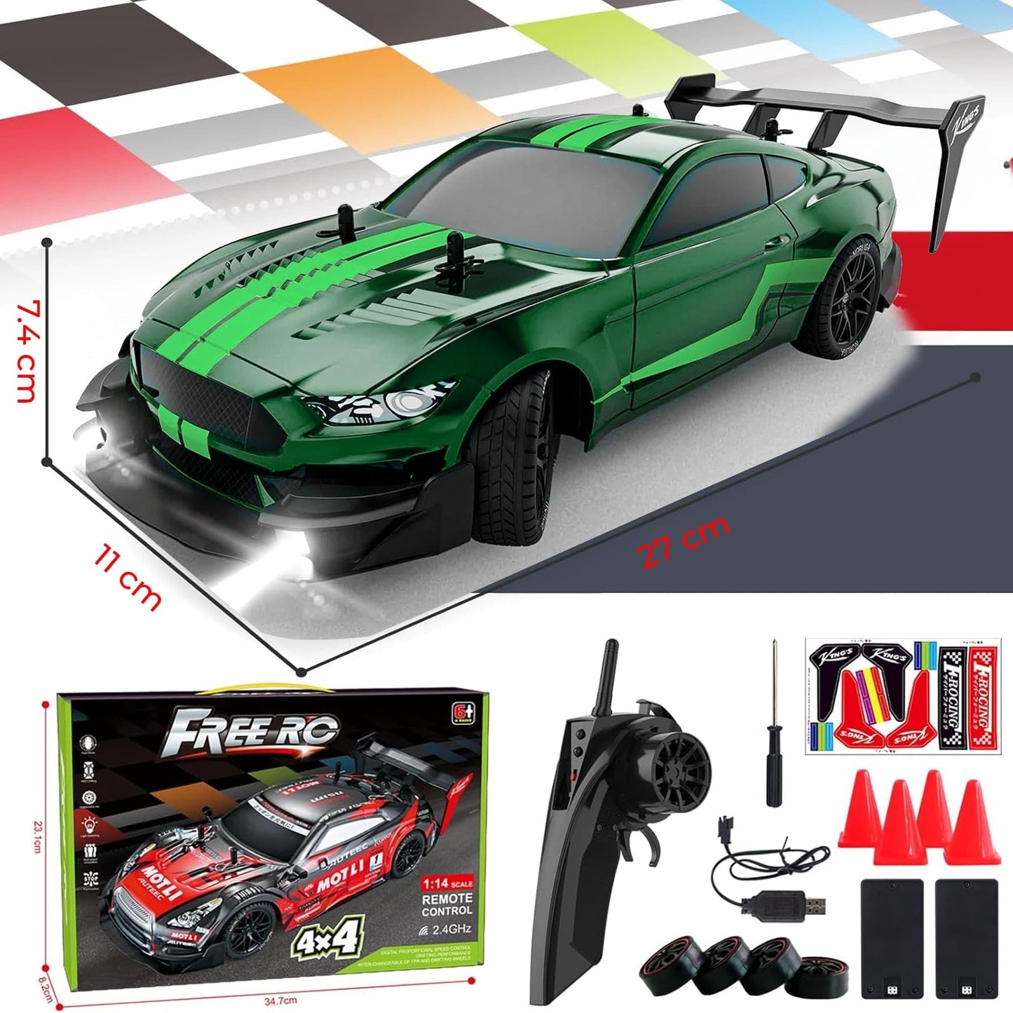 Masina cu telecomanda RC, Timebox, Drift car, 30km/h, 4x4, lumini LED, cauciucuri interschimbabile, 2 baterii tip acumulator incluse, 1:16, Verde - 221.ro