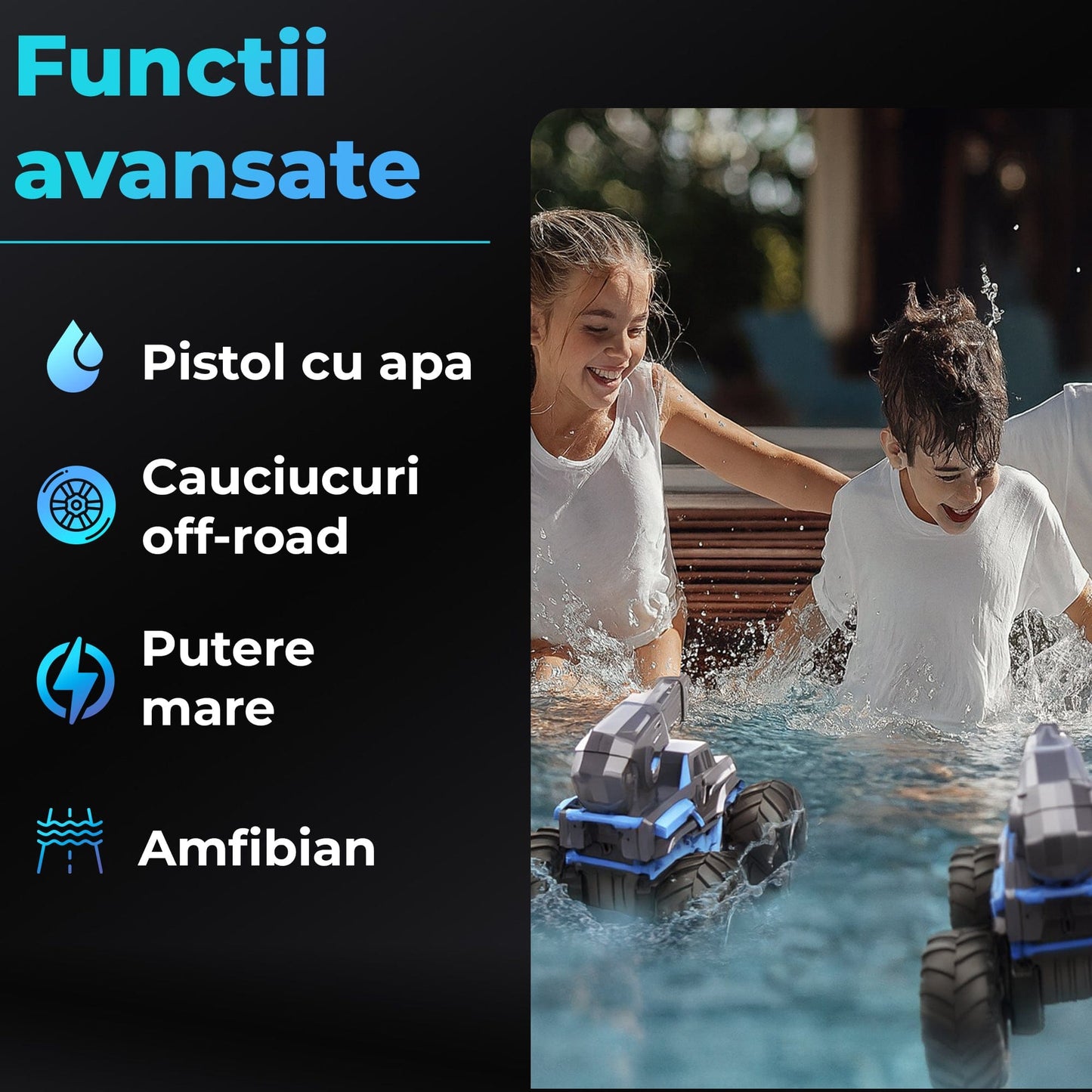 Masina RC 3-in-1 Timebox cu Jet de Apa si Control prin Gesturi – Monster Truck Stunt Off-Road & Barca Telecomandata 4x4, Rotatie 360°, Rezistenta la Apa, Cadou Interactiv pentru Copii 6-12 Ani, Albastru