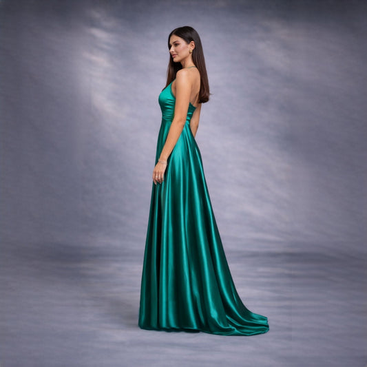 Rochie verde lunga din satin cu dantela Sensation