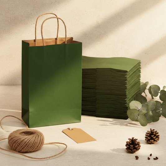 Sacoșe hârtie cu mâner răsucit - verde închis (set 12 buc)