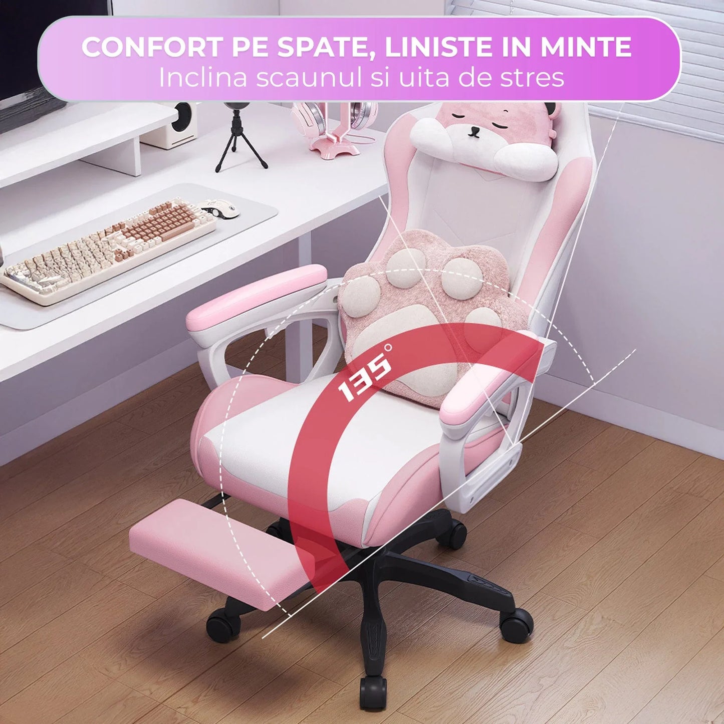 Scaun Gaming Timebox – Design Ergonomic, Piele PU Premium, Spatar Reglabil 135°, Suport pentru Picioare Retractabil, Rotire 360°, Perna Confortabila, Brate Sincron, Piston SGS, Baza Solida, Roz - 221.ro