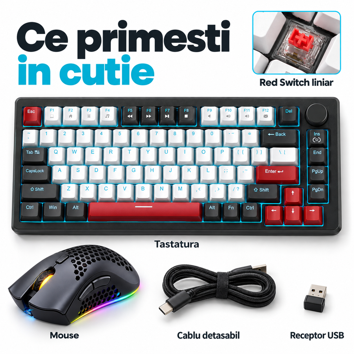 Set Gaming Timebox, Red Switch, 75%, Wireless, Tastatura Mecanica Gaming, Negru