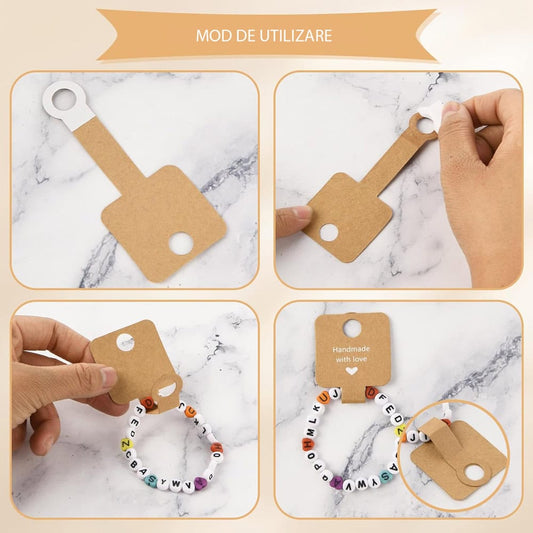 Suport pătrat cu adeziv și mesaj Handmade with love - alb (set 100 buc)
