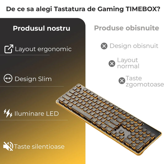 Tastatura Mecanica Timebox – Design Slim cu Iluminare LED, Tehnologie Whisper-Quiet 37dB, Taste Floating Inteligente, Layout Ergonomic, Conectare prin Cablu USB, Ideala pentru Office si Gaming, Negru - 221.ro