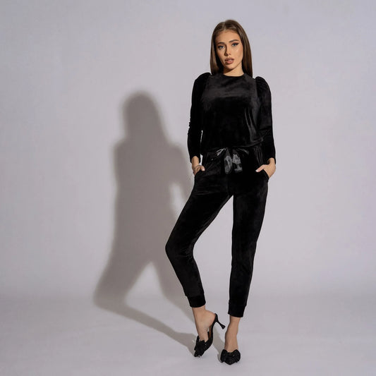 Trening dama negru din catifea cu maneci bufante Dark Chocolate