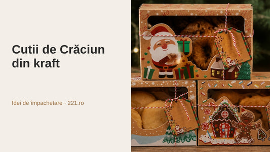 Cutii kraft de Crăciun cu fereastră, umplute cu biscuiți