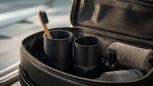 Suport periuță de dinți travel cu două pahare negre într-o trusă de voiaj