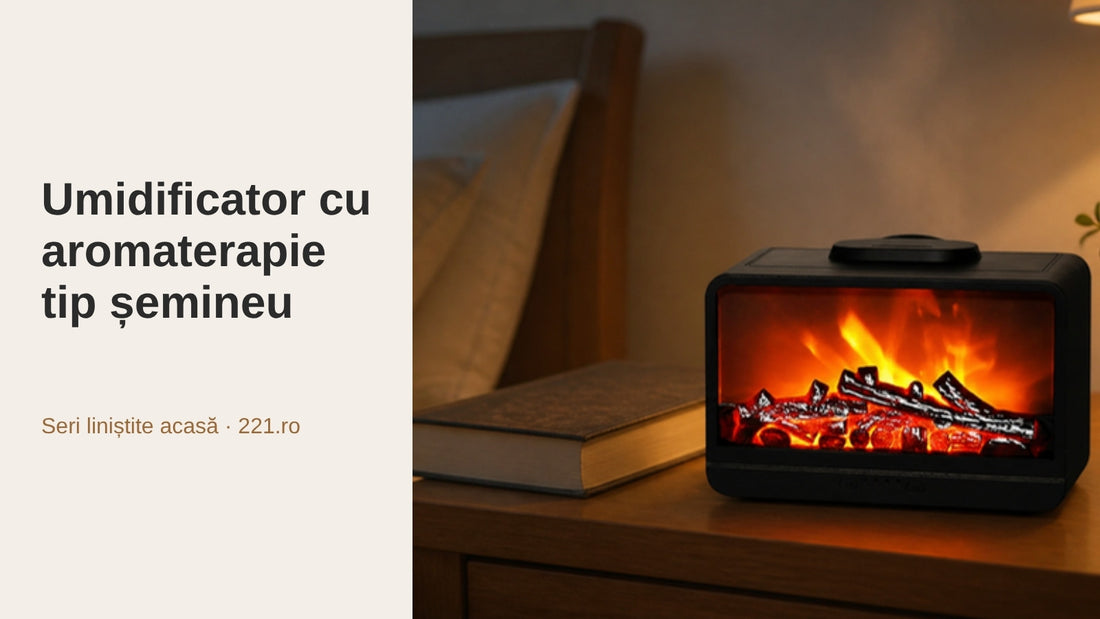 Umidificator negru în formă de șemineu pe noptieră, cu efect de flacără