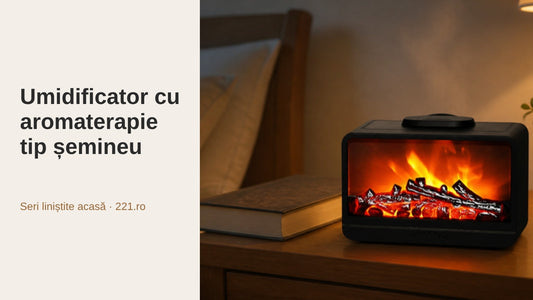 Umidificator negru în formă de șemineu pe noptieră, cu efect de flacără