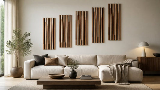 Living cu perete accent din panouri acustice multicolore deasupra canapelei