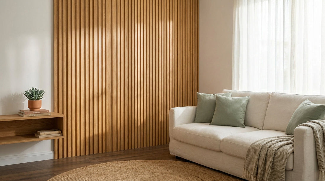 A stylish modern living room interior featuring decorative slatted wood wall panels in warm oak tones, illuminated by soft natural light.