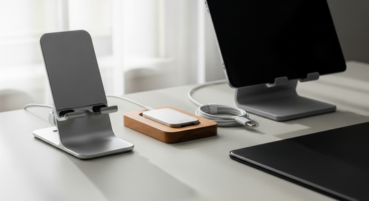 Birou modern, organizat, cu suport telefon, organizator cabluri, tabletă. Accesorii utile pentru casă și gadgeturi.