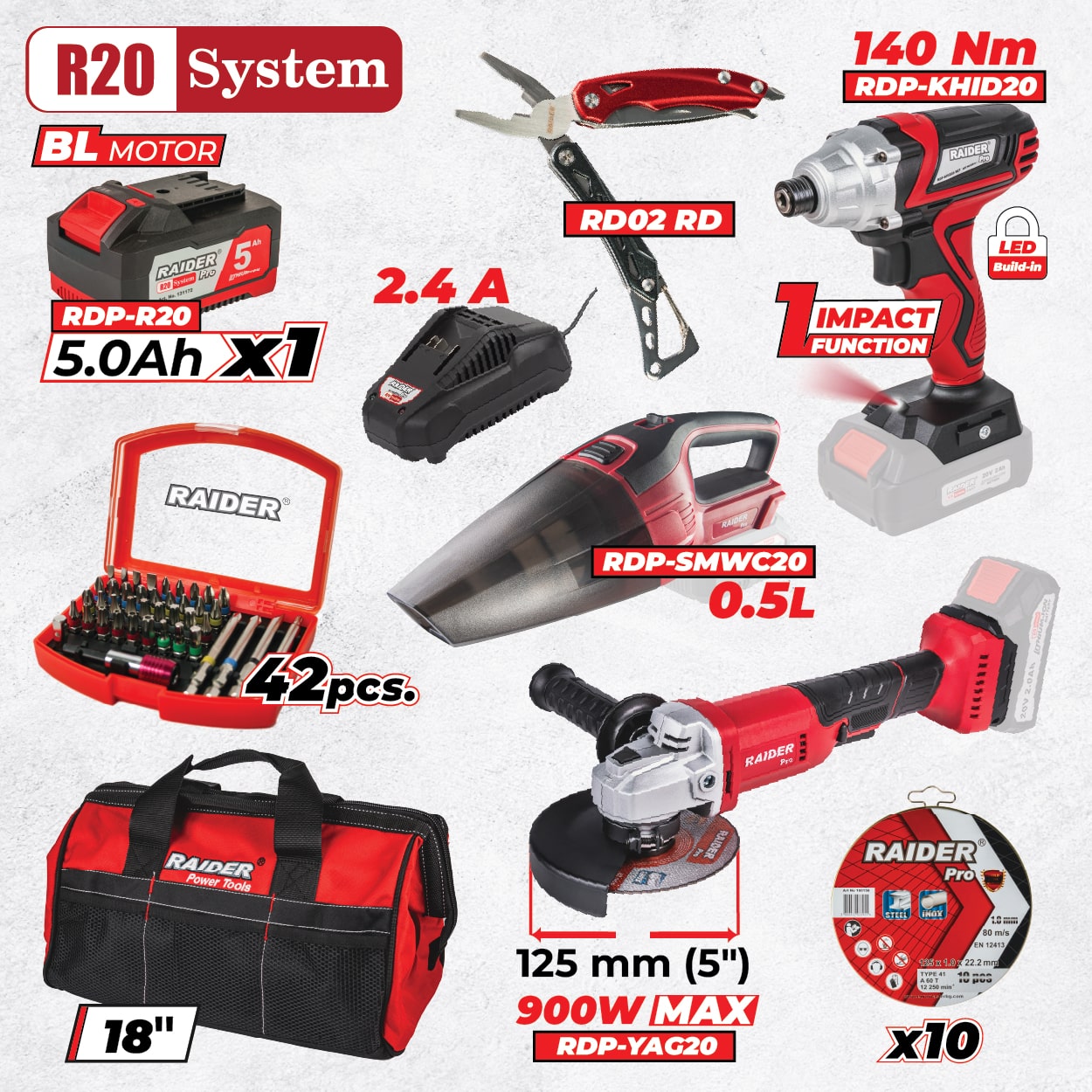 Raider R20 set cheie cu impact, flex si aspirator 5.0Ah + Accesorii RDP-BXS3