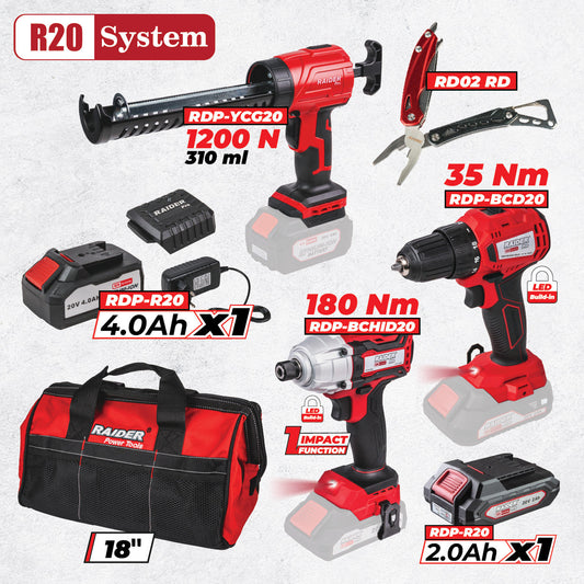 Raider R20 set masina de gaurit, cheie cu impact si pistol de silicon 2+4Ah+ Accesorii RDP-BXS10