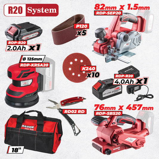 Raider R20 set rindea si 2 slefuitorare 2.0 + 4.0Ah + Accesorii RDP-BXS11