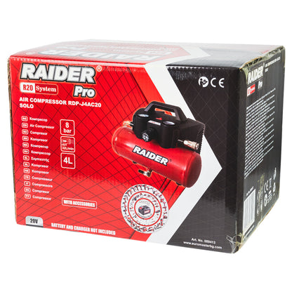 Raider R20 Compresor aer 20V cu butelie de 4L 32L/min 8bar SOLO RDP-J4AC20