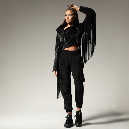 Geaca dama neagra din piele eco cu franjuri Wild West