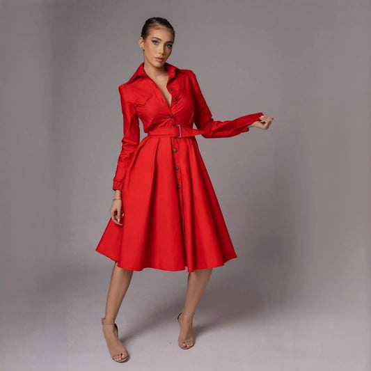 Rochie rosie tip camasa cu fusta midi cu pliuri Diana