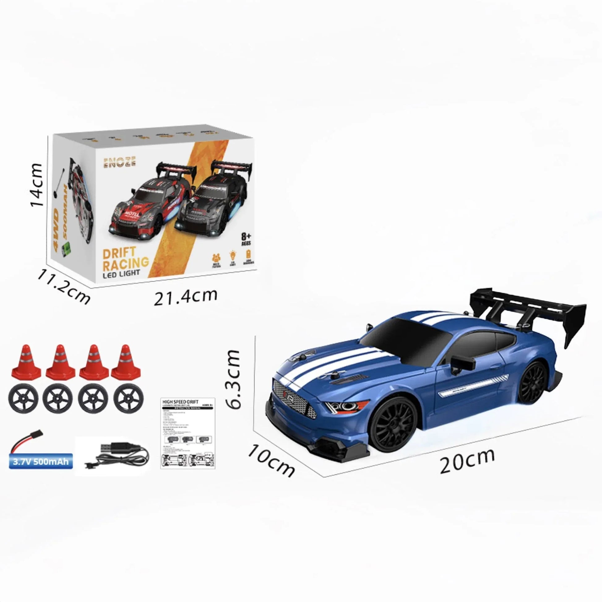 Masina cu telecomanda RC, Timebox, Drift car, 30km/h, 4x4, lumini LED, cauciucuri interschimbabile, 1 baterie tip acumulator inclusa, 1:24, Albastru - 221.ro