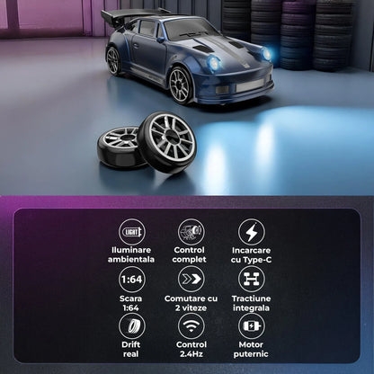 Masina cu telecomanda RC, 1:64 drift car, 4x4 full proportional, Lumini LED, Viteza si drift pe masa, Incarcare USB, Telecomanda 2,4G, Copii 7-14 ani, Albastru inchis - 221.ro
