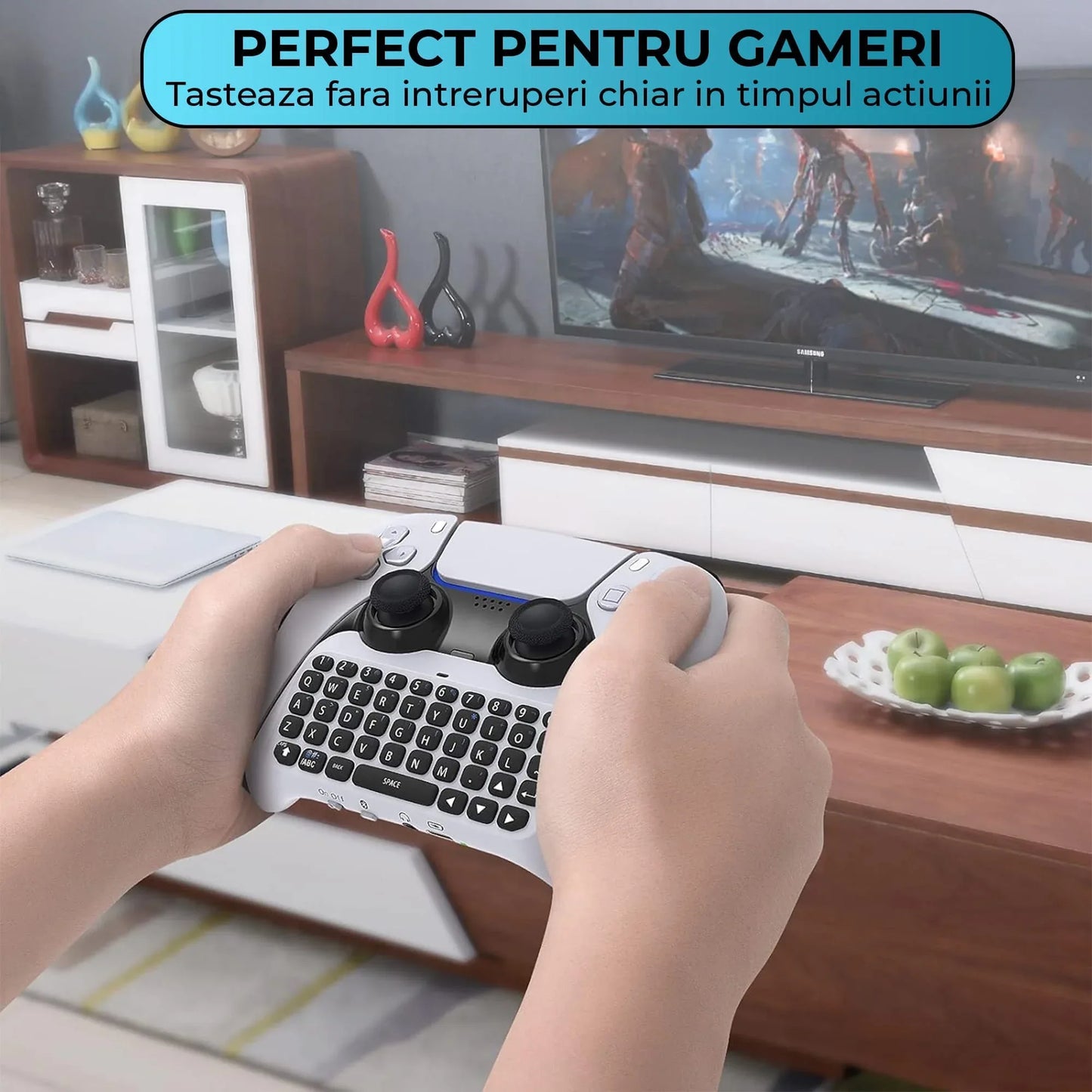 Tastatura Wireless Timebox pentru PS5/PS5 Pro, Gamepad Chatpad, Bluetooth 3,0, Portabil cu Difuzor Integrat si Jack Audio 3,5MM, Ergonomic, Perfect pentru Mesagerie si Gaming Live, Alb - 221.ro