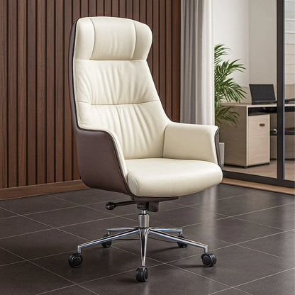 Scaun Directorial Din Piele Naturala pentru Birou Timebox, Reglabil pe Inaltime, Rotativ, Cadru din Lemn si Spuma cu Densitate Mare, Design Modern si Confort Sporit pentru Utilizare Indelungata, Alb/Maro - 221.ro