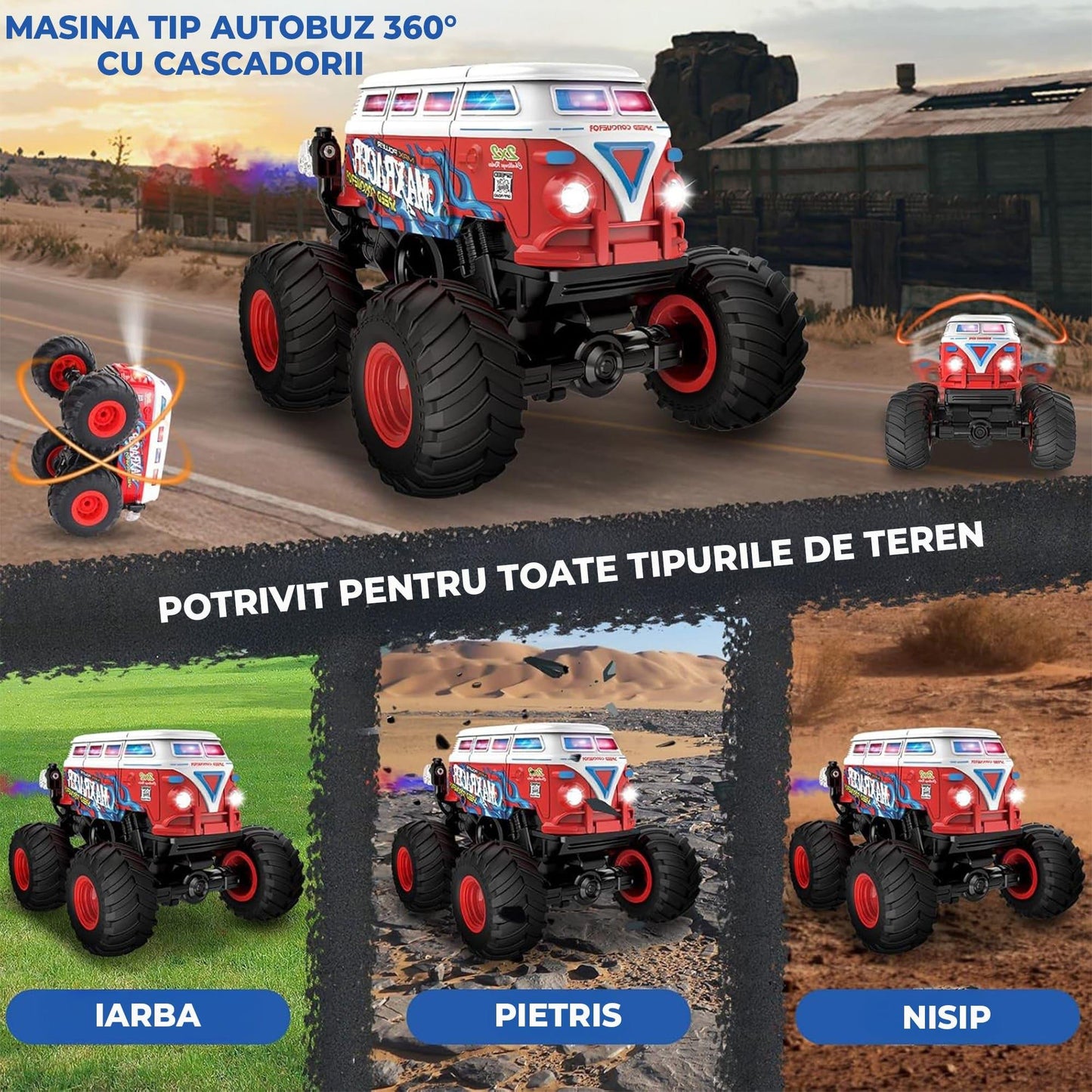 Masina cu Telecomanda Timebox Tip Autobuz Scolar, Scara 1:20, 4x4, Drift 360°, Flip 90°, Efect Spray, LED-uri, Muzica si o Baterie tip acumulator reincarcabila, Jucarie Cadou pentru Copii 3+ Ani, Rosu - 221.ro