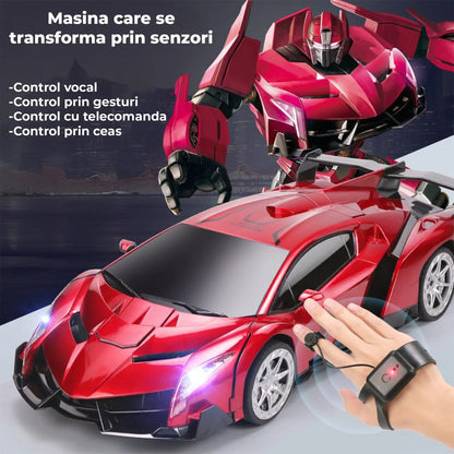 Masina cu Telecomanda Transformabila in Robot Timebox, Rotire 360°, Control Vocal si prin Gesturi, 2,4Ghz, Lumini si Sunete controlabile, 2 baterii tip acumulator reincarcabile, Jucarie Cadou pentru Copii 5+ Ani, Rosu - 221.ro