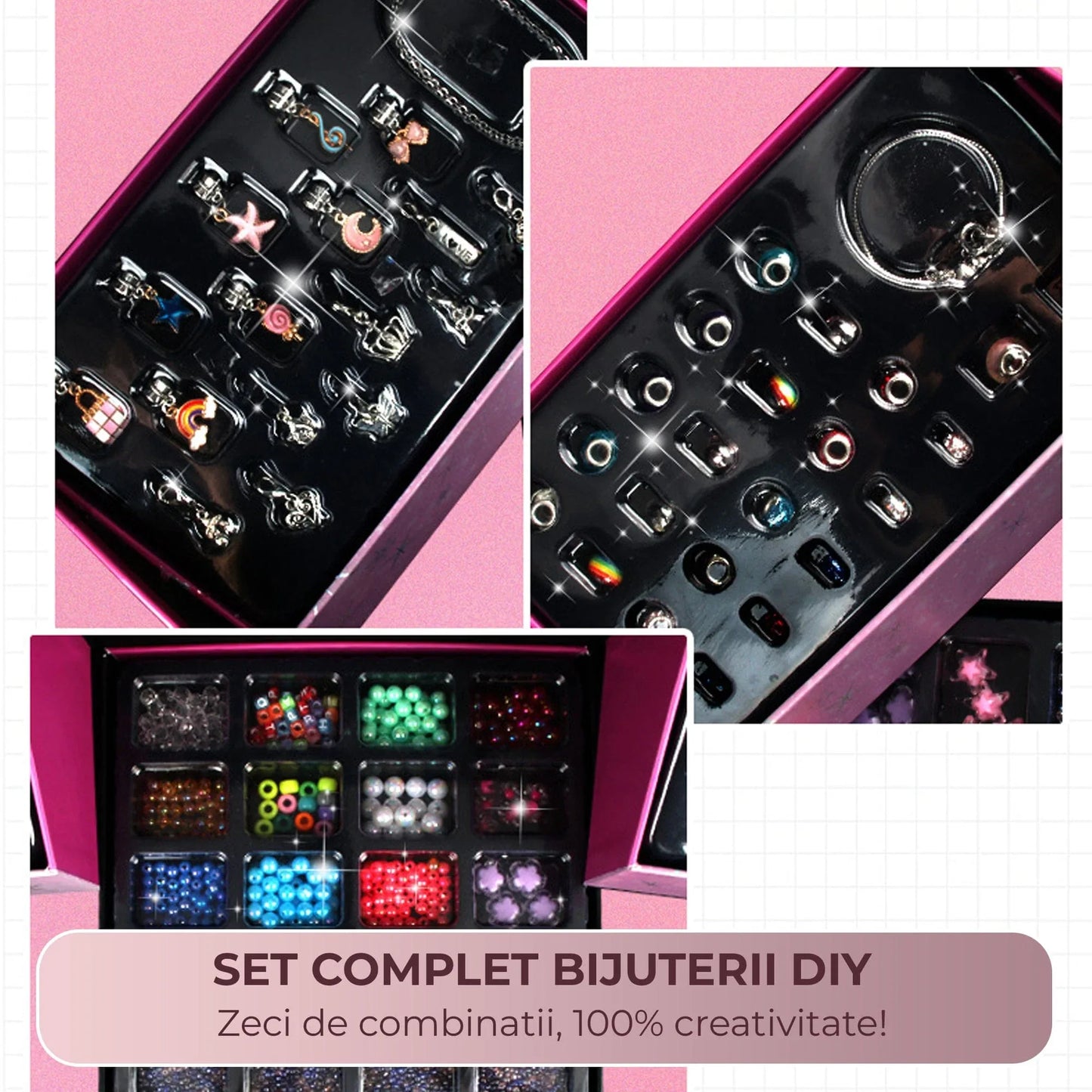 Set DIY bijuterii pentru fete 4, 6 ani, 520 de piese, Roz