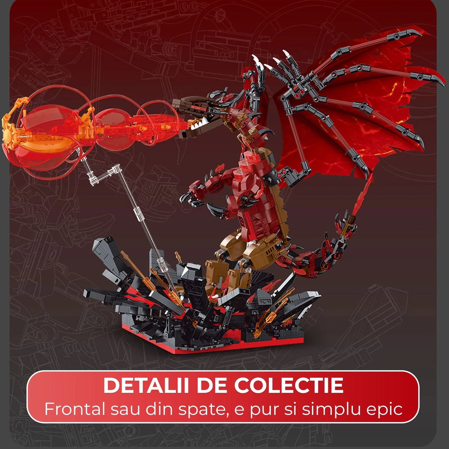 Set Constructie Dragon De Foc 2 In 1 Timebox, 1774 Piese LED ABS, Rosu