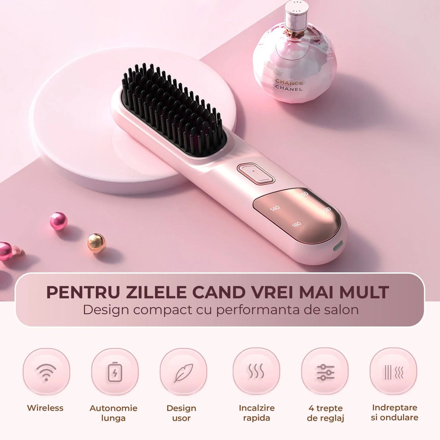 Perie Ionica pentru Indreptat si Ondulat Parul, Wireless, Placute Ceramice, Roz