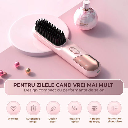 Perie Ionica pentru Indreptat si Ondulat Parul, Wireless, Placute Ceramice, Roz