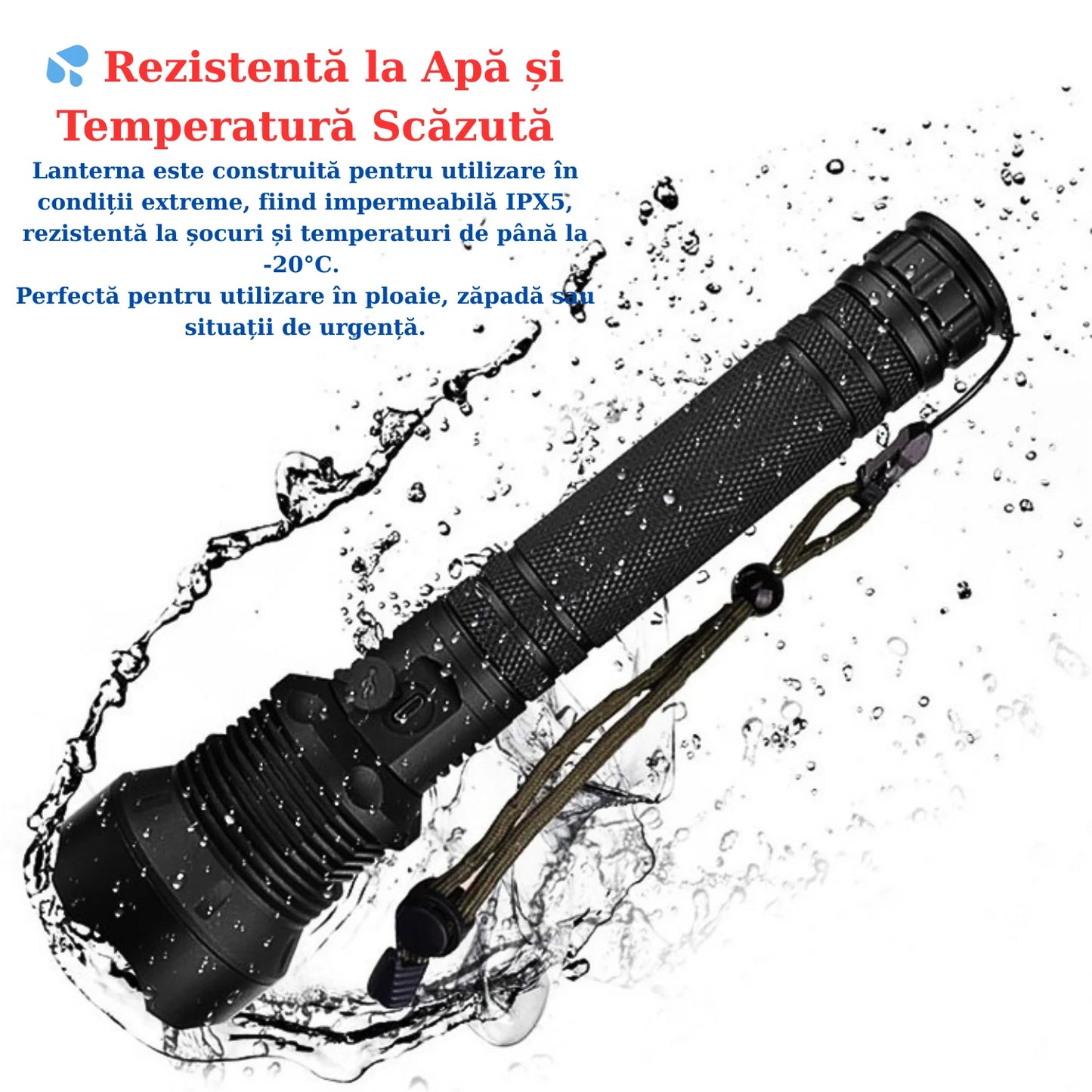 Lanternă Tactică LED XHP70 – 10.000 Lumeni, Zoom, 3 Moduri, USB Reîncărcabilă, Rezistență la Temperatură Scăzută, IPX5