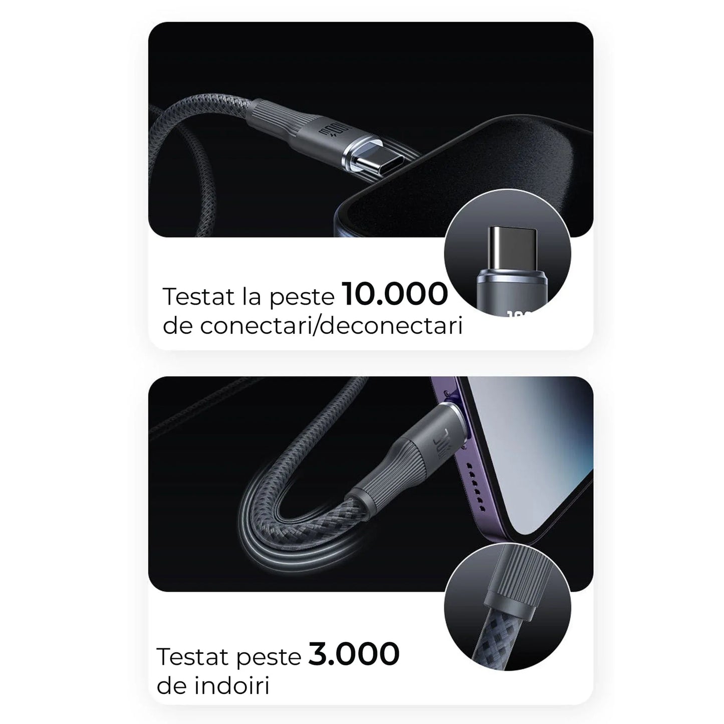 Cablu de Incarcare 3 in 1 Timebox, USB-C la Type-C, 100W, 1,5m, Lightning, Negru