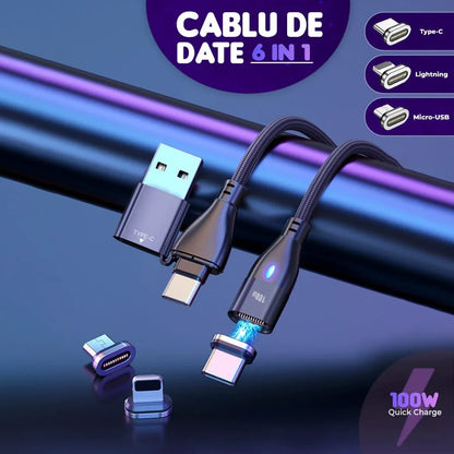 Cablu de date si Incarcare Rapida Timebox, 6 in 1, 100W, 1m, QC 3, Negru