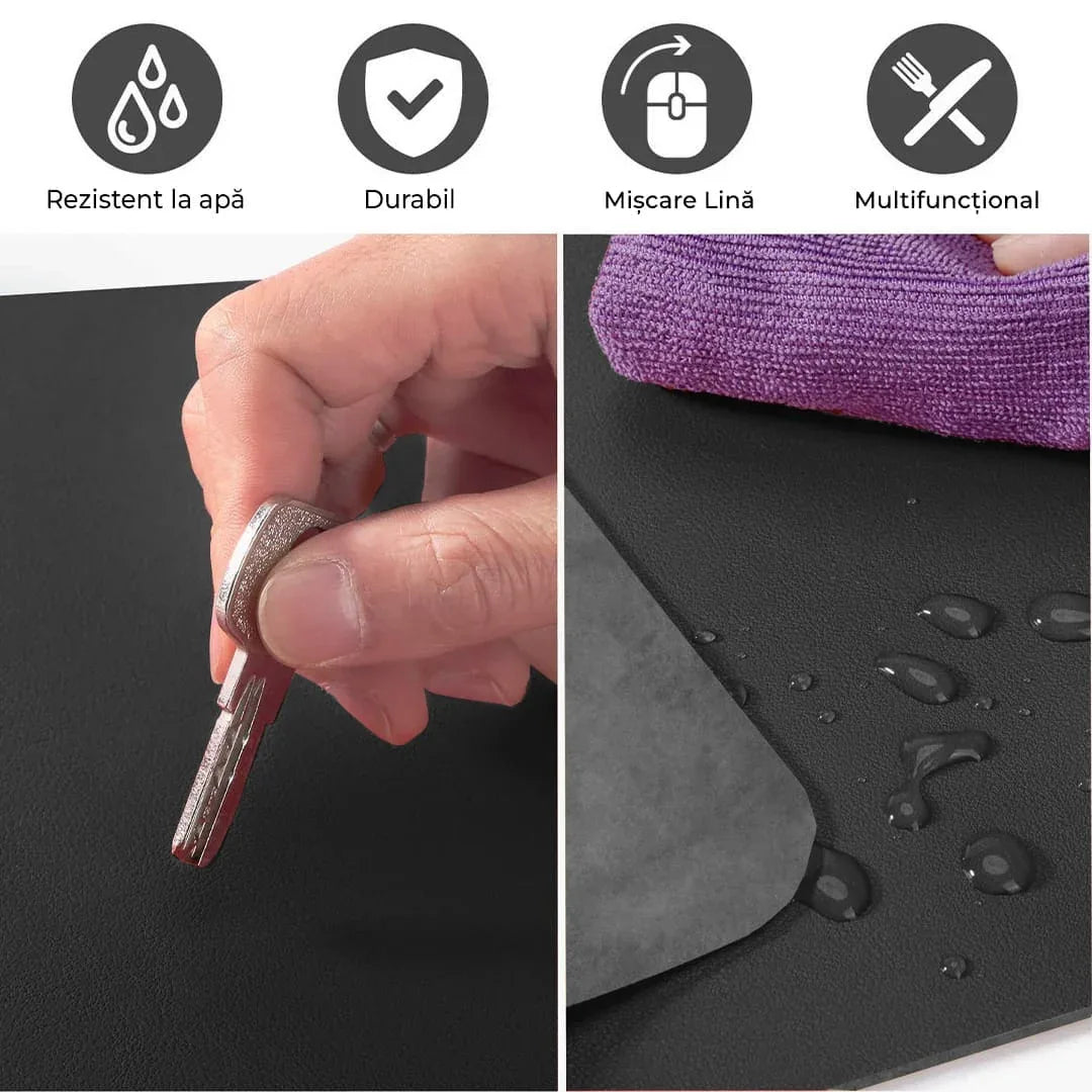 Mousepad office XXL Timebox cu doua fete din piele pu si piele intorasa, margini cusute impermeabil, pentru protectie birou, Negru/Gri antracit - 30 x 24 cm - 221.ro