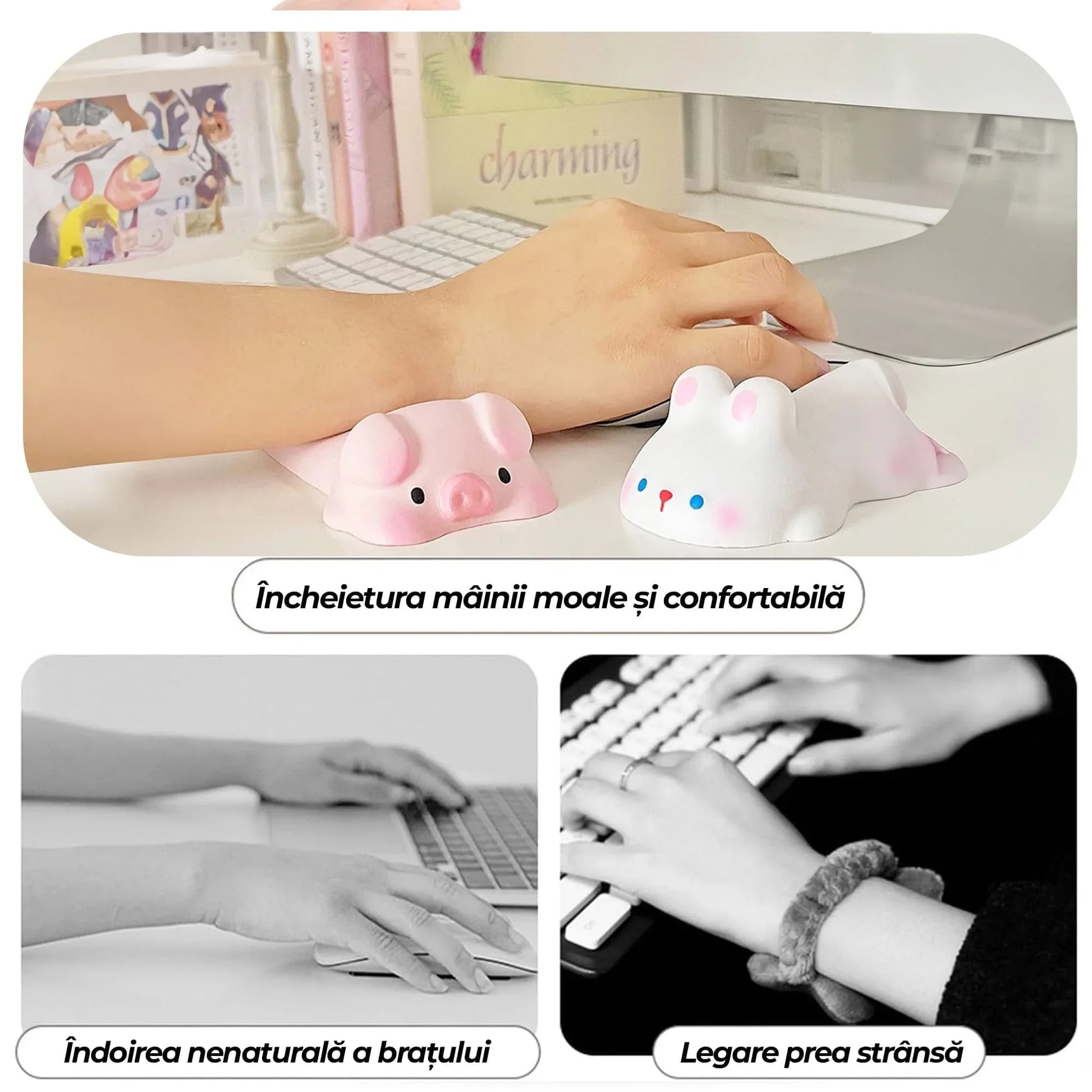 Mousepad tip suport de incheietura, moale, rezistent, comfortabil pentru tastatura, mouse, birou, 13x6 cm, Iepuras - 221.ro