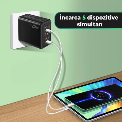 Incarcator Retea Timebox, 5 Porturi, 120W, 3 x Type-C, 2 x USB, Negru