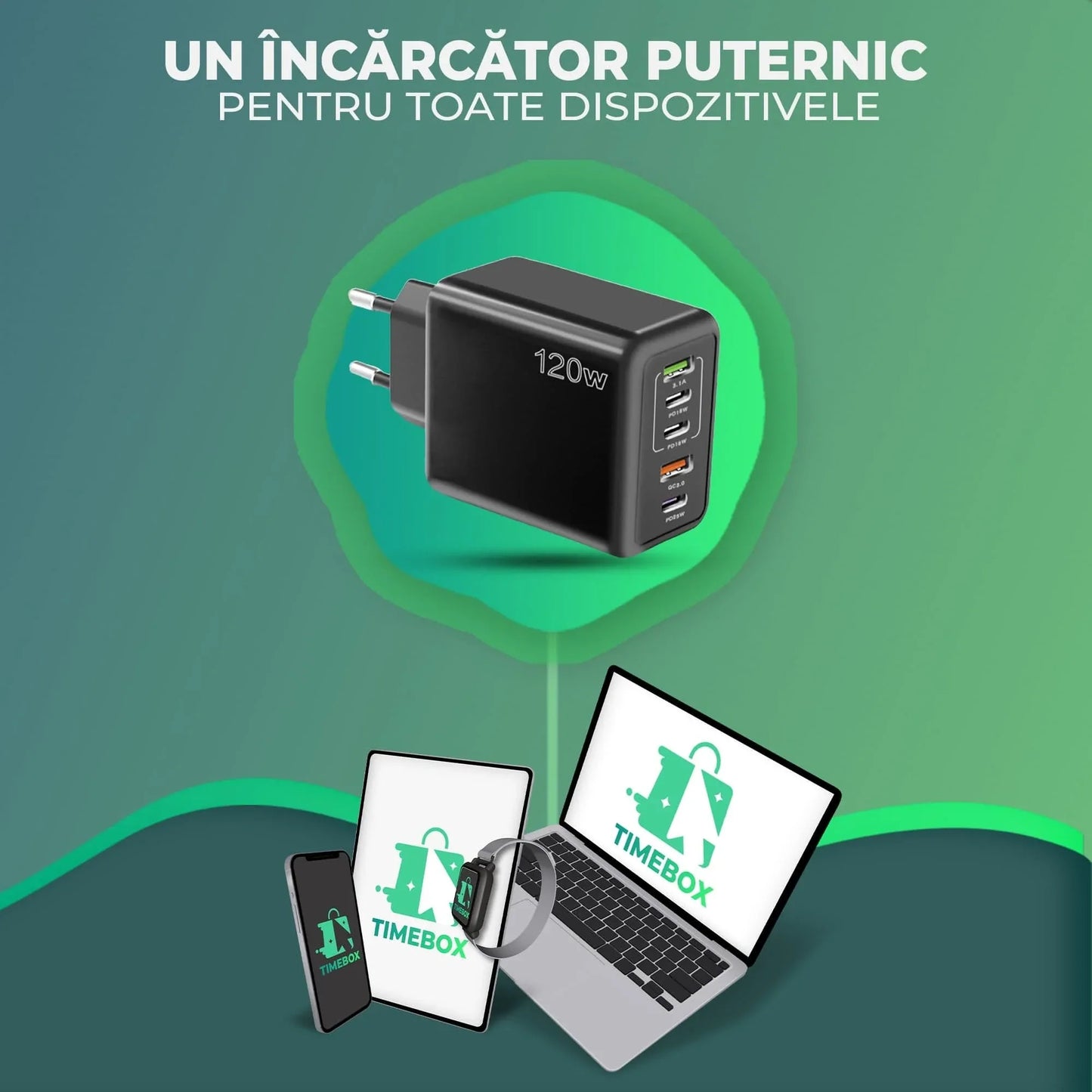 Incarcator Retea Timebox, 5 Porturi, 120W, 3 x Type-C, 2 x USB, Negru