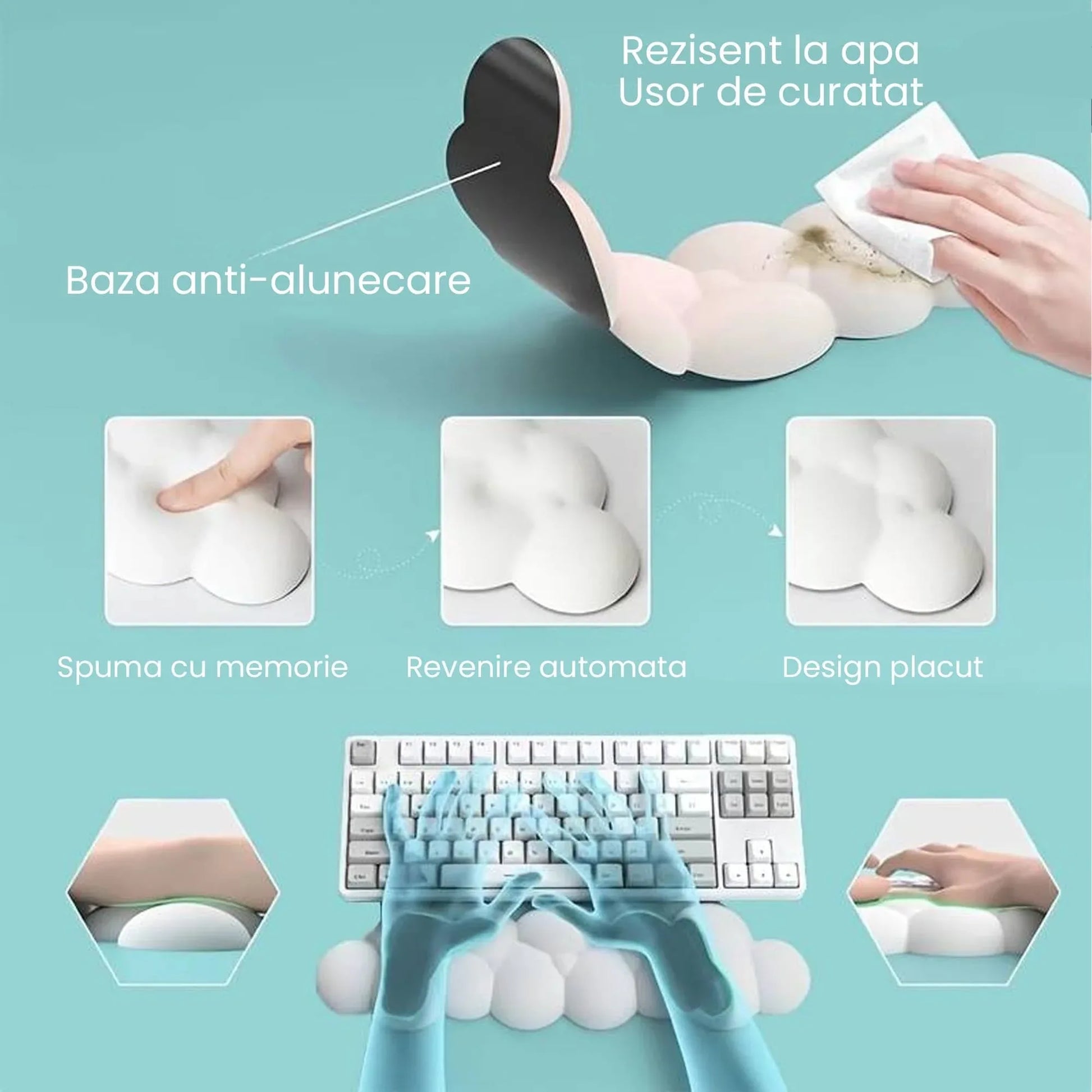 Mousepad ergonomic, spuma cu memorie pentru sustinere incheietura mana cu Wrist Rest, Baza anti-derapanta, Nor Verde inchis - 221.ro