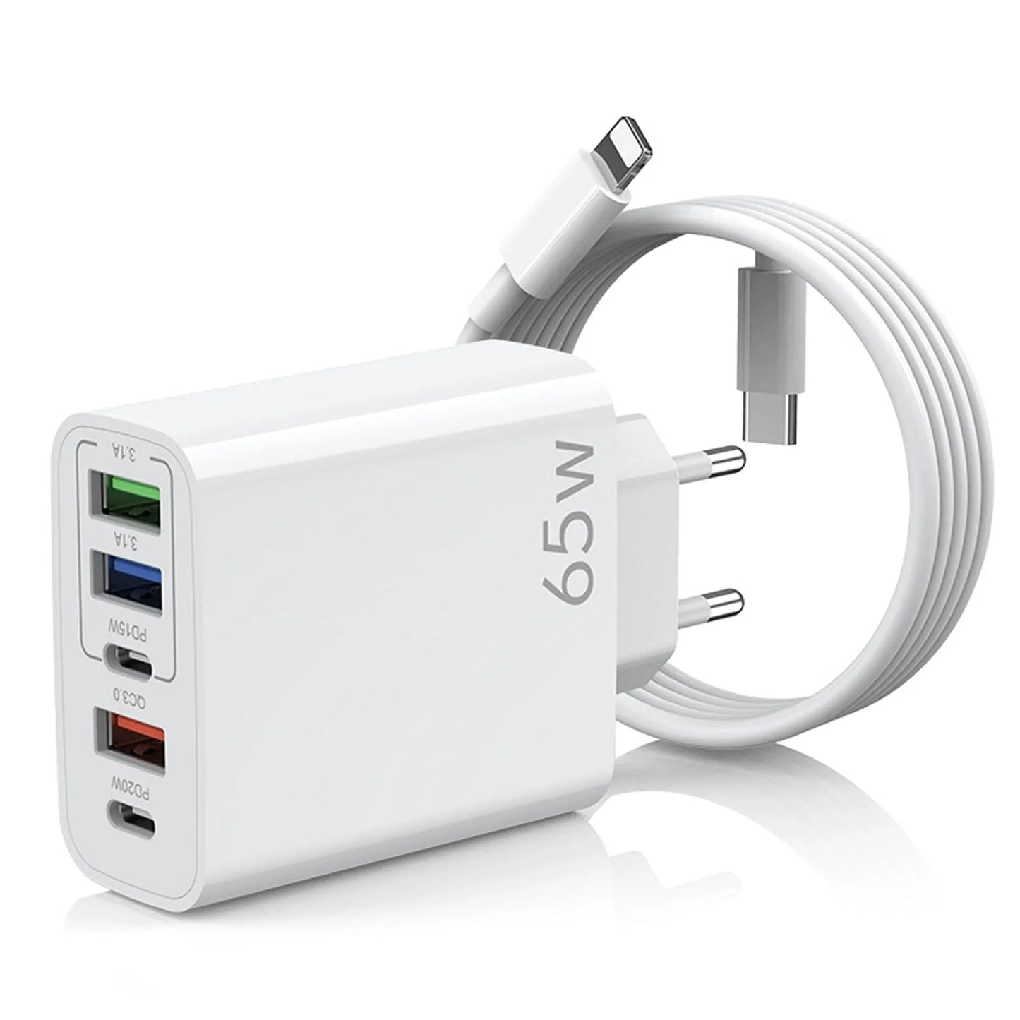 Incarcator Retea, Lightning la USB-C, 65W, 5 Porturi, 3 x USB, 2 x Type-C, Alb