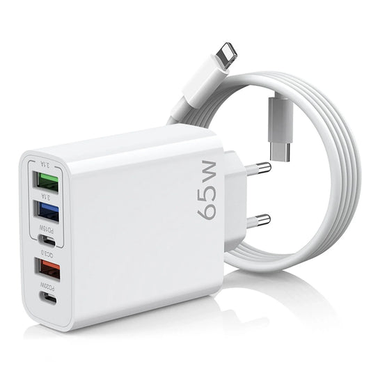 Incarcator Retea, Lightning la USB-C, 65W, 5 Porturi, 3 x USB, 2 x Type-C, Alb