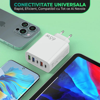Incarcator Retea, Lightning la USB-C, 65W, 5 Porturi, 3 x USB, 2 x Type-C, Alb