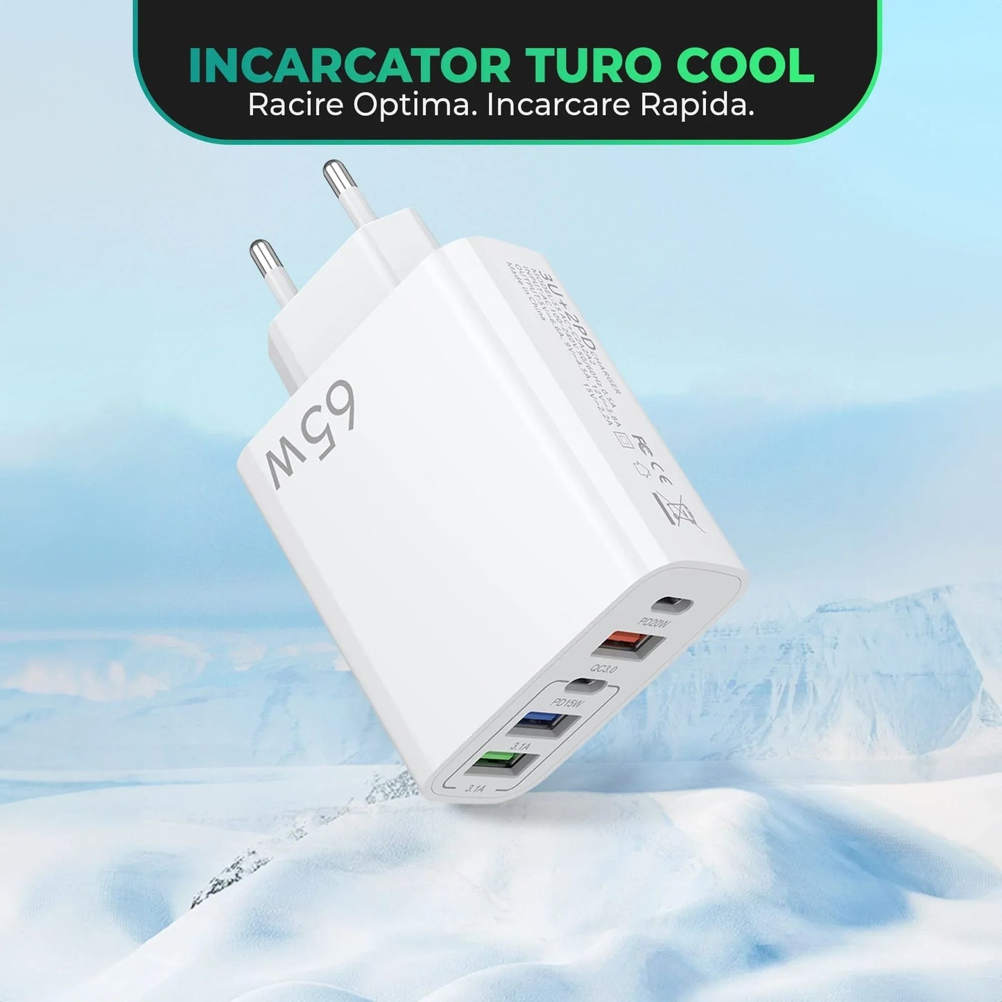 Incarcator Retea, Lightning la USB-C, 65W, 5 Porturi, 3 x USB, 2 x Type-C, Alb