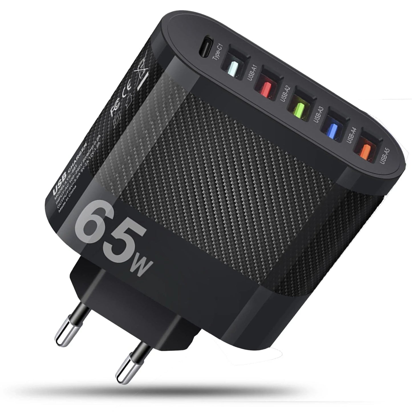 Incarcator Retea Timebox, 6 Porturi, 65W, 1 x Type-C, 5 x USB, Negru