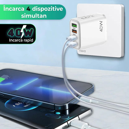 Incarcator Retea Timebox, 4 Porturi, 40W, 2 x Type-C, 2 x USB, Alb