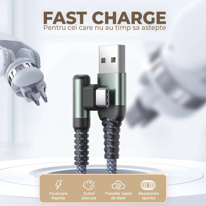 Cablu Date si Incarcare Rapida Timebox, USB la Type-C, 1m, QC 3, Unghi 90°