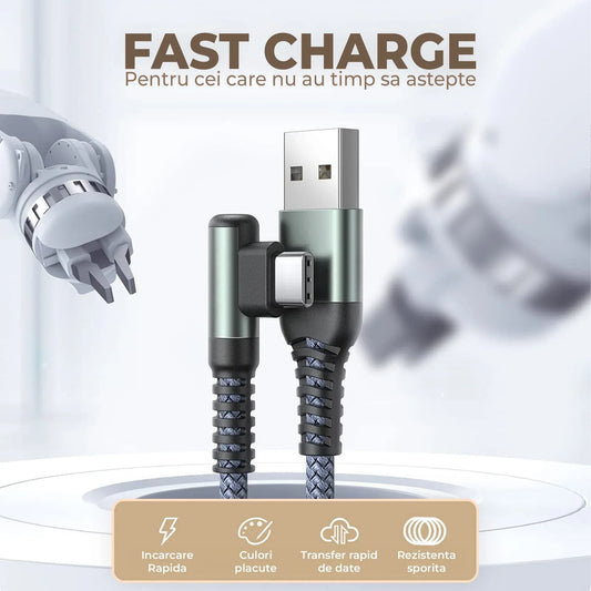 Cablu Date si Incarcare Rapida Timebox, USB la Type-C, 2m, QC 3, Negru