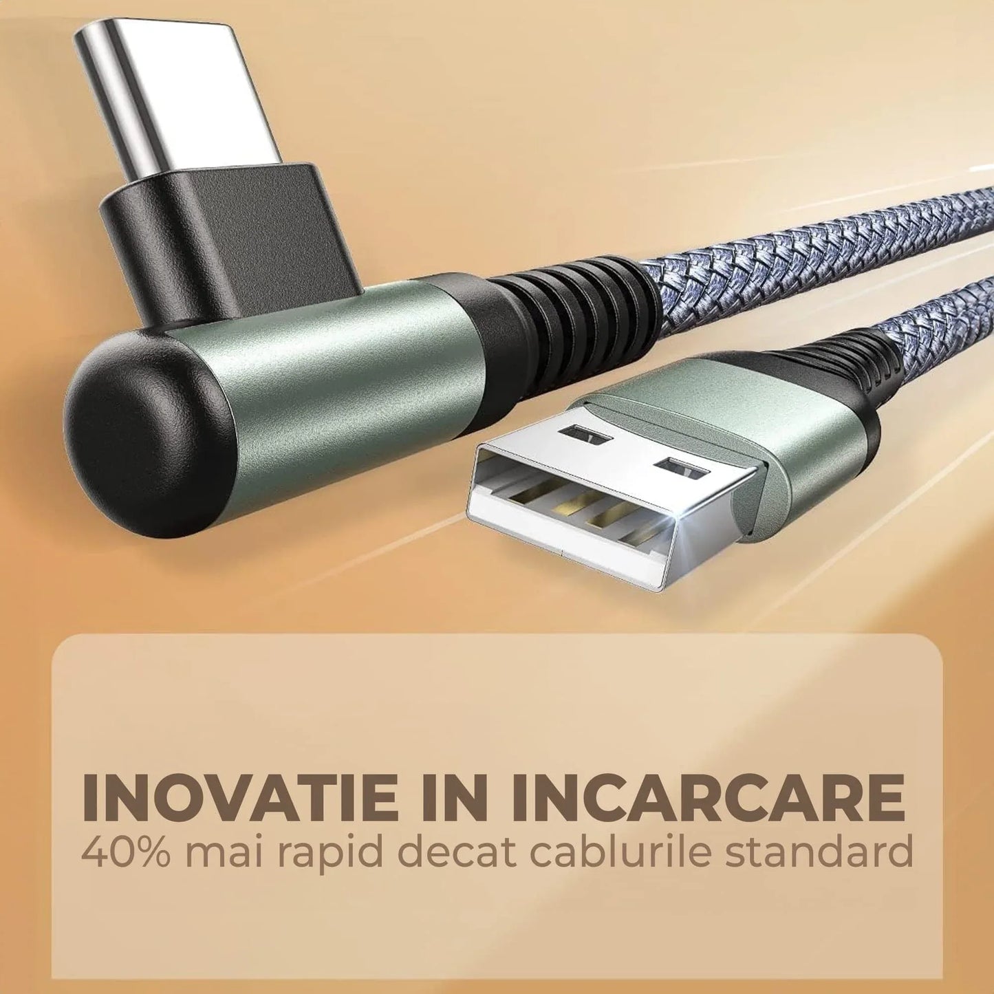 Cablu Date si Incarcare Rapida Timebox, USB la Type-C, 2m, QC 3, Negru